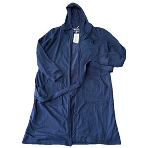 Dude Robe Men's Size S/M Navy Blue Hooded‎ Pockets Belt Soft Cotton Shower Wrap